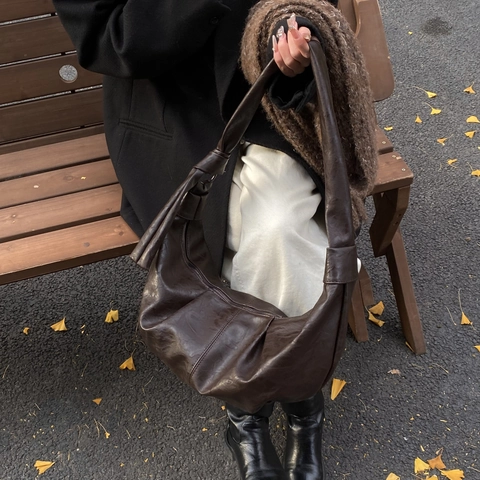 Bolso Hobo Plisado Retro para Mujer Gran Capacidad Cuero PU Correa Anudada Bolso de Media Luna Moda Bolso de Hombro Casual