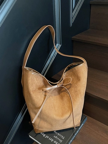 Large Capacity Women PU Leather Bucket Bag Frosted Suede Texture Shoulder Tote Bag With Bow Knot Splicing Fashion Handbag