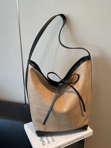 Large Capacity Women PU Leather Bucket Bag Frosted Suede Texture Shoulder Tote Bag With Bow Knot Splicing Fashion Handbag