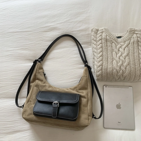 Borsa Tote Hobo da Donna in Pelle PU Retro Grande Capacità Cuciture a Contrasto Borsa a Tracolla Con Tasca Frontale Semplice