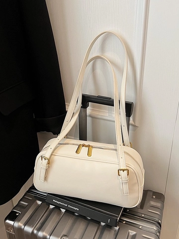 Bolso de Hombro de Cuero PU de Moda para Mujer Estilo Boston Retro Bolso Axilar Color Sólido Bolso Simple con Correas Ajustables