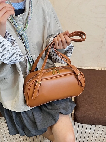 Bolso de Hombro de Cuero PU de Moda para Mujer Estilo Boston Retro Bolso Axilar Color Sólido Bolso Simple con Correas Ajustables