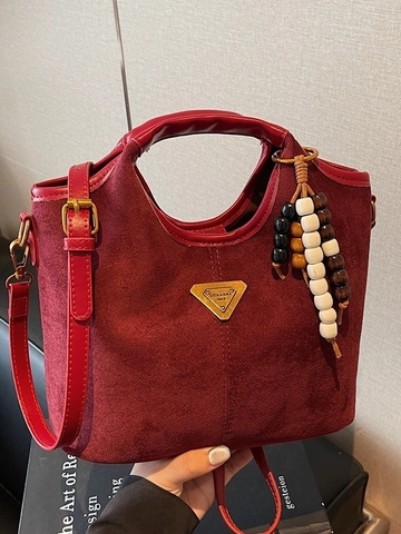 Borsa a Secchiello Vintage in Scamosciato per Donna Borsa a Tracolla Smerigliata Con Targa in Metallo Triangolare e Ciondolo in Perle di Legno Grande Capacità Tote Bag Con Pochette