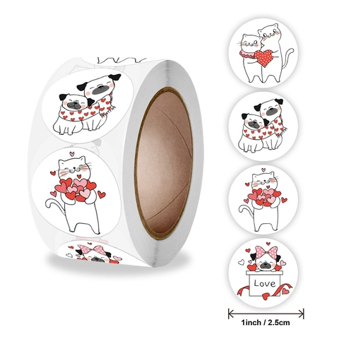 Cartoon Animal Heart Round Adhesive Stickers Love Cat Dog Labels For Gift Wrapping Journaling DIY Decoration