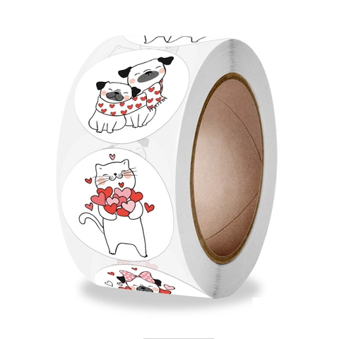 Cartoon Animal Heart Round Adhesive Stickers Love Cat Dog Labels For Gift Wrapping Journaling DIY Decoration