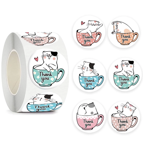 Roll Cartoon Cat Thank You Labels Round Kraft Paper Decorative Sealing Stickers For Gift Envelope Party Packaging