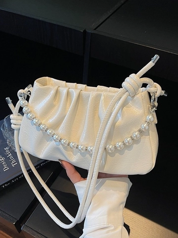 Bolso de Hombro Plisado Nube para Mujer Cuero PU Cadena de Perlas Bolso de Axila Color Sólido Elegante Moda Mujer