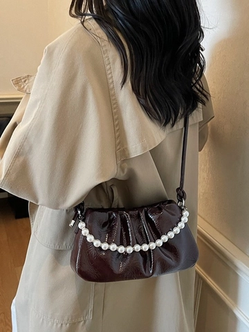 Bolso de Hombro Plisado Nube para Mujer Cuero PU Cadena de Perlas Bolso de Axila Color Sólido Elegante Moda Mujer