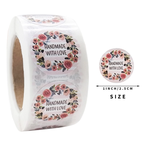 Adesivi Ghirlanda Floreale Handmade With Love Carta Kraft Tonda Etichette Autoadesive per Confezioni Regalo Panetteria Cancelleria Decorativa