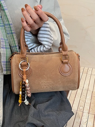 Dames Suède Boston Crossbody Tas Vintage Cilinder Handtas Met Gekleurde Houten Kralen Bedel Kleine Suède Leren Schoudertas Voor Dagelijks