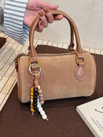 Dames Suède Boston Crossbody Tas Vintage Cilinder Handtas Met Gekleurde Houten Kralen Bedel Kleine Suède Leren Schoudertas Voor Dagelijks