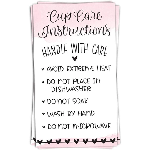 Cartes Instructions Entretien Gobelets Cœur Aquarelle Rose Pour Petites Entreprises Lavage à La Main Uniquement
