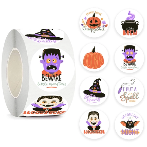 Halloween Cartoon Circular Stickers For Gift Wrapping Party Decoration Pumpkin Ghost Bat Witch Hat Self-Adhesive Label Stickers