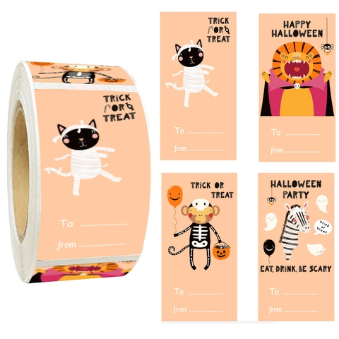 Halloween Trick Or Treat Stickers Rectangular Cartoon Pumpkin Ghost Adhesive Paper Gift Labels For Party Decoration