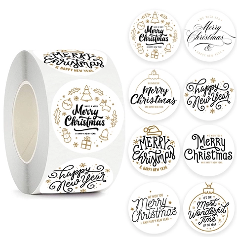 Autocollants en Rouleau Décoratifs de Noël Nouvel An Papier Kraft Rond Étiquettes de Cadeau Sceau de Vœux pour Cartes