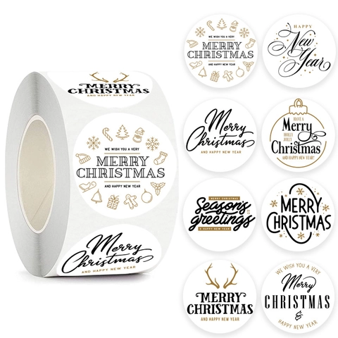 Autocollants en Rouleau Décoratifs de Noël Nouvel An Papier Kraft Rond Étiquettes de Cadeau Sceau de Vœux pour Cartes