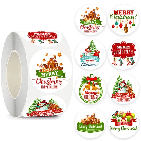 Pegatinas de Papel Kraft de Feliz Navidad Redondas Etiquetas de Happy Holidays para Decoración de Envoltura de Regalos Rollo