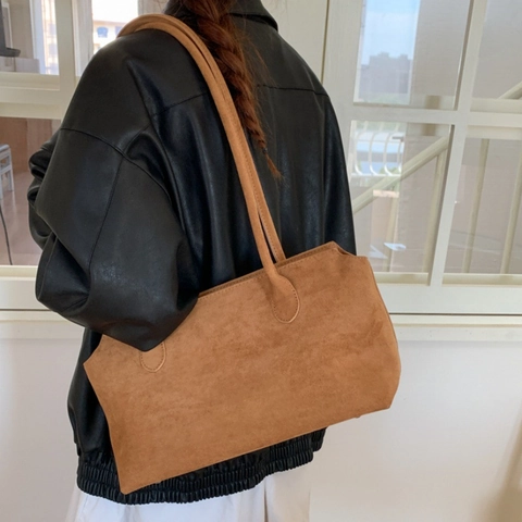 Retro Minimalist PU Suede Texture Large Tote Bag For Women Solid Color Large Capacity Commuter Shoulder Bag Handbag Zipper Closure