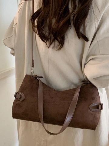 Vintage Suede Underarm Bag For Women Minimalist Faux Suede Shoulder Bag Buckle Detail Fashion Solid Color Satchel Bag