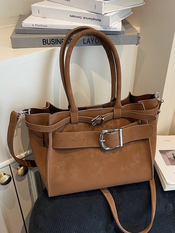 Sac Fourre-Tout Femme en Cuir PU Grande Capacité Sac à Bandoulière Navetteur Avec Boucle en Métal Ceinture Décorative Minimaliste