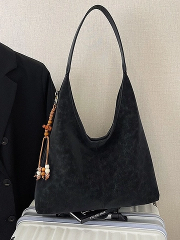 Women Retro PU Leather Large Capacity Hobo Tote Bag Minimalist Underarm Shoulder Bag With Pendant Casual Commute Handbag