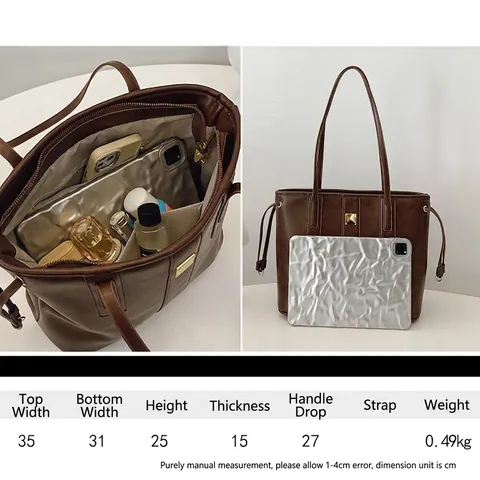 Vintage PU Leder Tote Bag Mit Großer Kapazität Für Damen Retro Stil Mit Goldener Metallplatte Dekor Schultertasche Achseltasche
