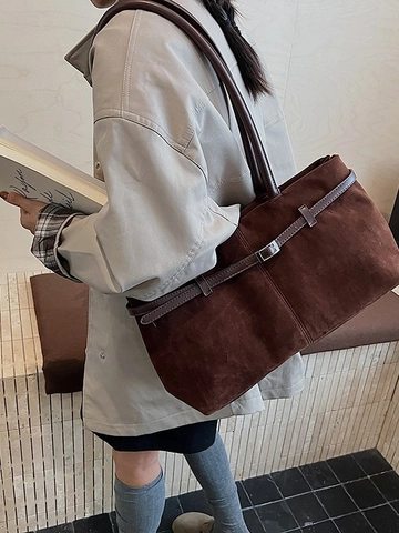 Borsa Tote in Pelle Scamosciata Grande Capacità Borsa a Tracolla Minimalista Vintage con Fibbia in Metallo per Donna
