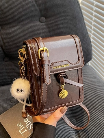 Women Retro Glossy PU Leather Crossbody Bag Fashion Vertical Small Square Phone Bag With Cute Plush Pendant Messenger Shoulder Bag