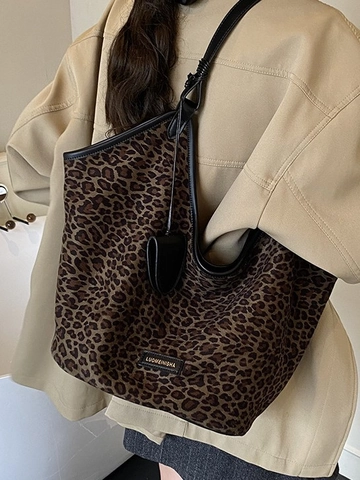 Mode Damen PU-Wildleder Große Einkaufstasche Trendige Schultertasche Mit Leopardenmuster Elegante Hobo Handtasche Für Pendler