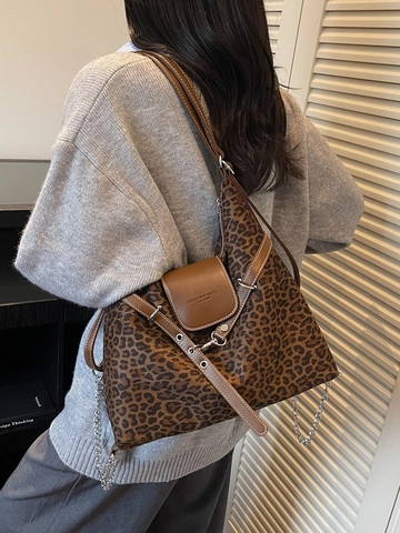 Sac Hobo Léopard Grande Capacité pour Femmes en Cuir PU Sac à Bandoulière Décontracté Avec Breloque Ours en Peluche