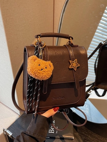 Dames Retro PU Leer Mini Rugzak Crossbody Tas Met Ster Gesp En Pluche Beer Koreaanse Stijl Kleine Schoudertas Voor Woon-werkverkeer