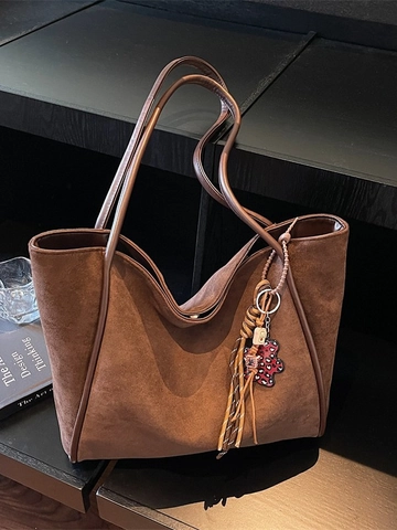Vintage Minimalist Large Capacity Synthetic Suede Tote Bag Women Retro Commuter Shoulder Bag With Bear Charm Solid Color Handbag