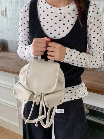 Zaino Mini in Pelle PU Vintage per Donna Cuciture a Contrasto Fashion Piccolo Zainetto con Coulisse a Lembo per Scuola Viaggio