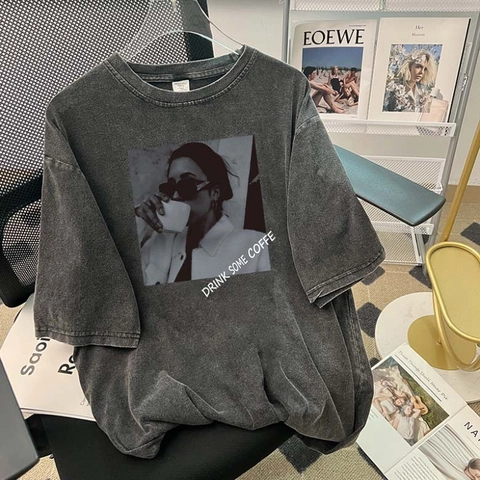Women Oversized Washed Black Cotton T-Shirt Retro Graphic Portrait Print Short Sleeve Streetwear Casual Loose Top