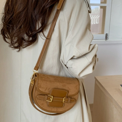 Women Retro PU Leather Saddle Bag Urban Minimalist Contrast Stitching Underarm Bag Fashion Patchwork Shoulder Crossbody Bag