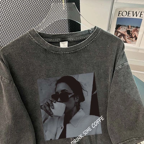 Women Oversized Washed Black Cotton T-Shirt Retro Graphic Portrait Print Short Sleeve Streetwear Casual Loose Top