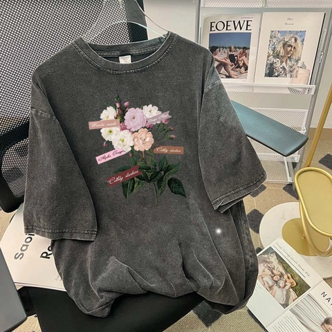 Dames Vintage Gewassen Katoenen T-Shirt Heavyweight Ruime Pasvorm Retro Bloemen Grafische Print Korte Mouw Ronde Hals Top