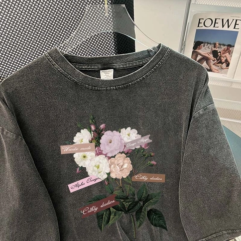 Dames Vintage Gewassen Katoenen T-Shirt Heavyweight Ruime Pasvorm Retro Bloemen Grafische Print Korte Mouw Ronde Hals Top