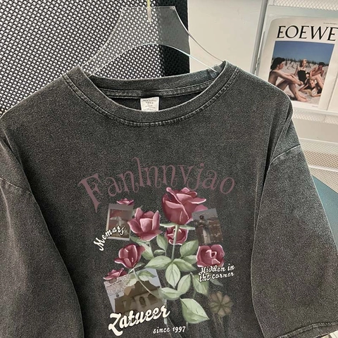 Damen Amerikanisches Vintage Baumwoll T-Shirt Rose Grafikdruck Locker Oversized Rundhalsausschnitt Kurzarm Top Streetwear