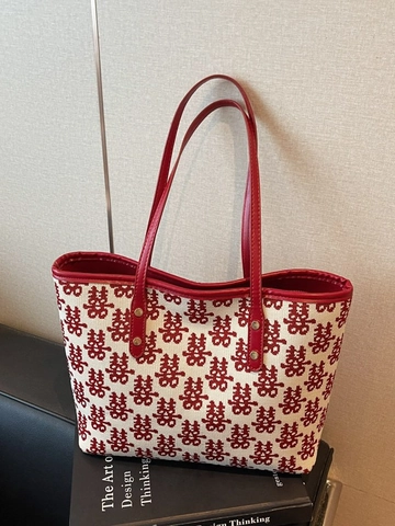 Bolso Tote de Lona para Boda con Doble Felicidad de Estilo Nacional Chino Bolso de Mano de Gran Capacidad con Estampado de Contraste Rojo y Blanco Bolso de Hombro para Mujer