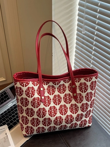 Bolso Tote de Lona para Boda con Doble Felicidad de Estilo Nacional Chino Bolso de Mano de Gran Capacidad con Estampado de Contraste Rojo y Blanco Bolso de Hombro para Mujer
