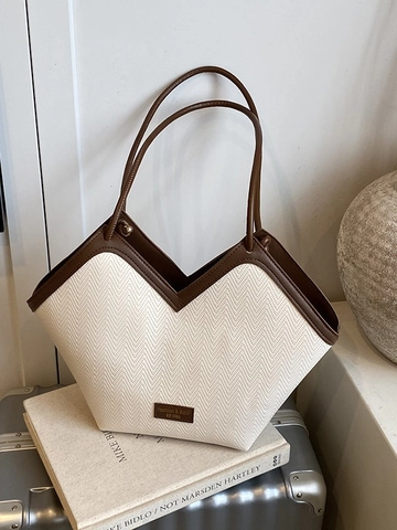 Women Large Capacity PU Tote Bag Chevron Pattern V-Opening Shoulder Bag With Decorative Scarf Commute Casual Handbag