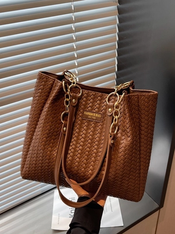 Vintage Gewebte Tragetasche Für Damen Große Kapazität PU Leder Umhängetasche Mit Kette Retro Büro Pendler Handtasche