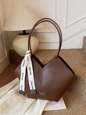 Women Large Capacity PU Tote Bag Chevron Pattern V-Opening Shoulder Bag With Decorative Scarf Commute Casual Handbag