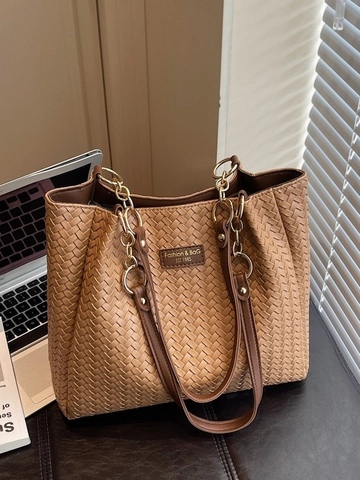 Vintage Gewebte Tragetasche Für Damen Große Kapazität PU Leder Umhängetasche Mit Kette Retro Büro Pendler Handtasche