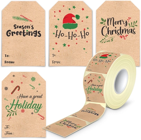 Étiquettes Cadeaux de Noël Autocollants en Rouleau Papier Kraft Adhésives Avec To From pour Emballage Cadeau Joyeux Noël