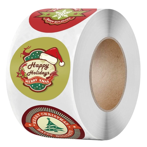 Buon Natale Adesivi Tondi in Carta Kraft Rotolo Etichette Festive per Sigilli e Decorazioni Con Motivi di Alberi e Fiocchi di Neve per Confezioni Regalo