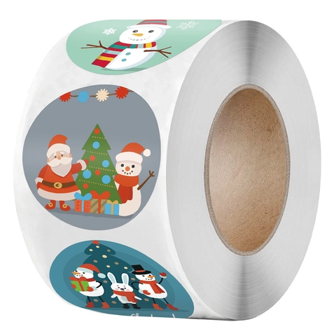 Christmas Round Kraft Sticker Labels Cartoon Santa Snowman Christmas Tree Roll Sealing Labels For Holiday Gift Decoration