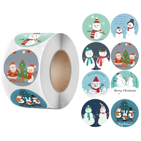 Christmas Round Kraft Sticker Labels Cartoon Santa Snowman Christmas Tree Roll Sealing Labels For Holiday Gift Decoration