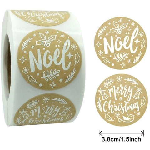 Rouleau Autocollants Noël en Papier Kraft Ronds Merry Christmas Noel Étiquettes Adhésives pour Emballage Cadeau Sceau